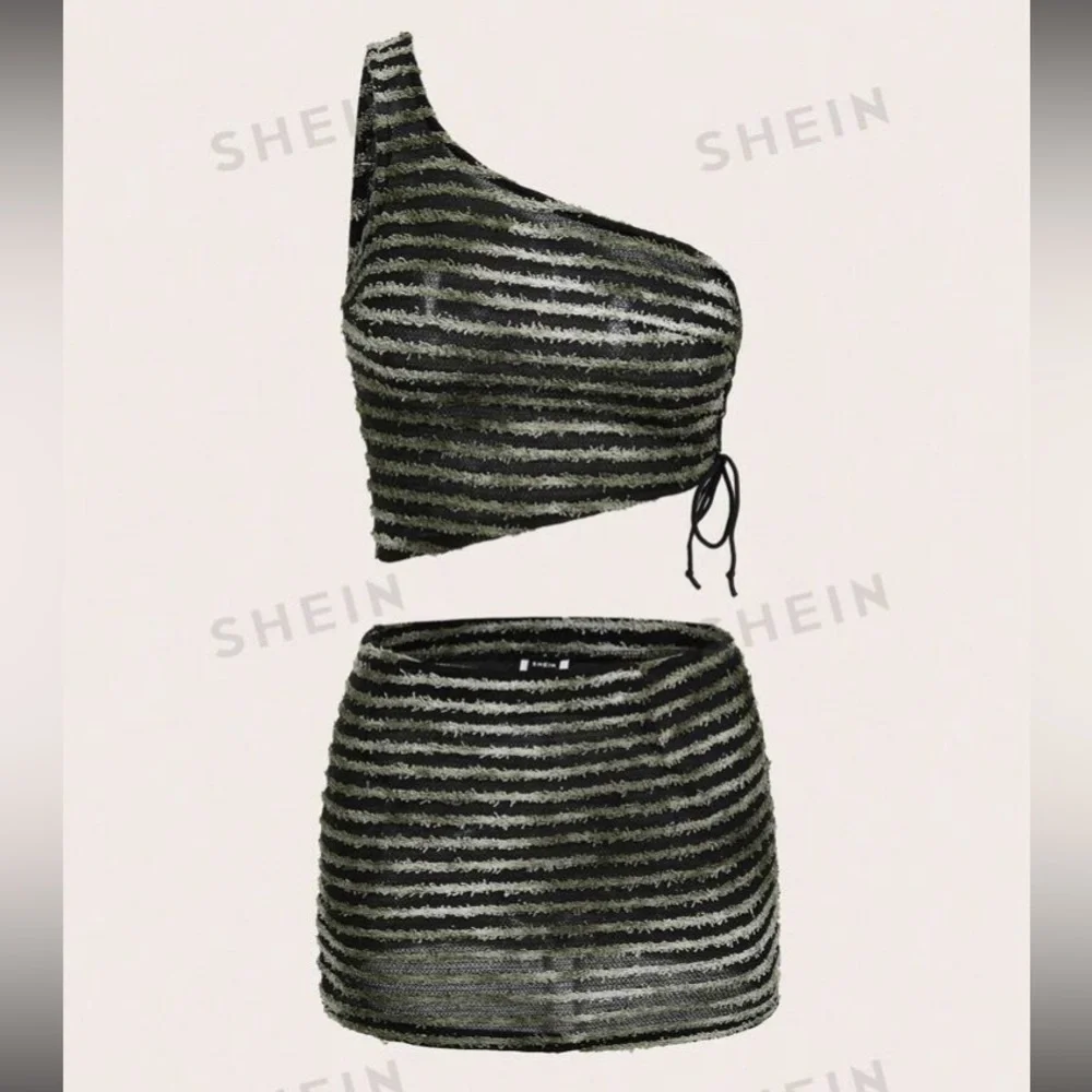 SHEIN ICON Striped One Shoulder Drawstring Side Crop Top & Skirt size M NWT - Picture 5 of 15